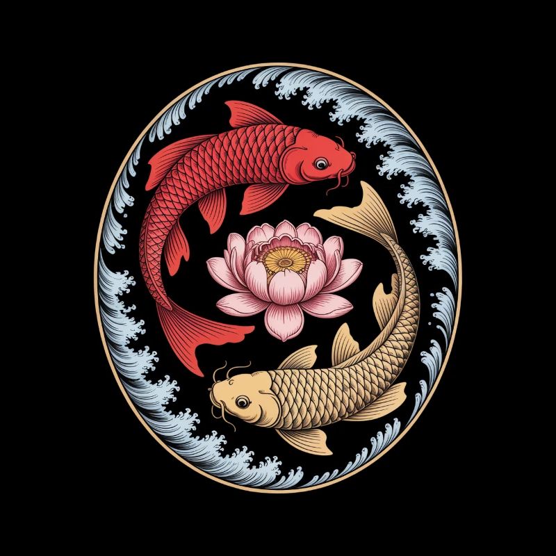 Koi Poisson Lotus Fleur Wave Art