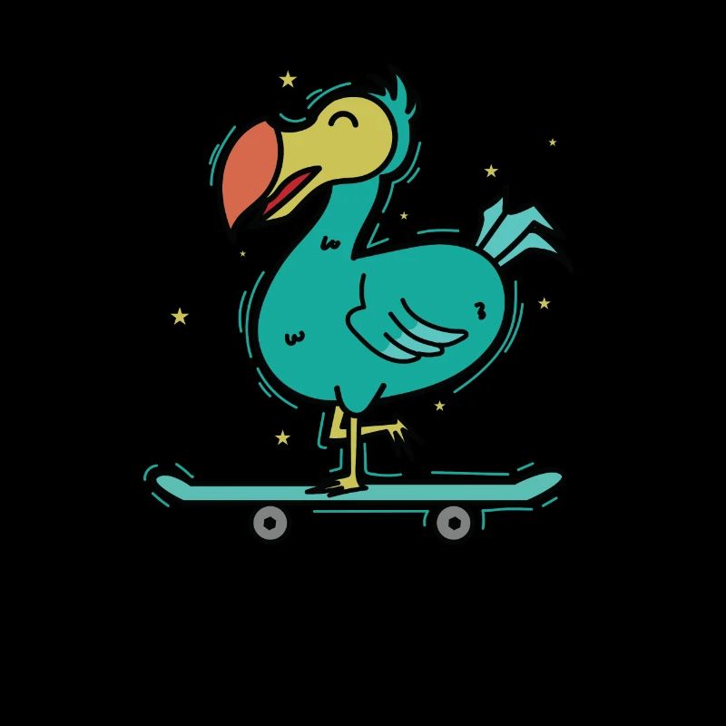 Dodo rides bird on a skateboard