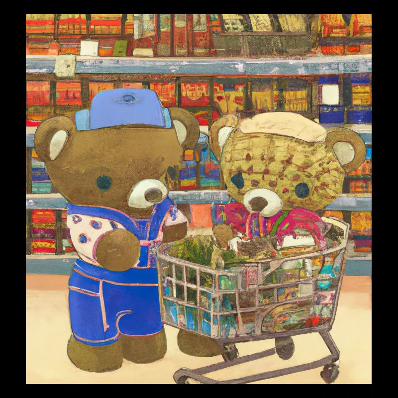 Flauschige Teddybären beim Einkauf im Supermarkt