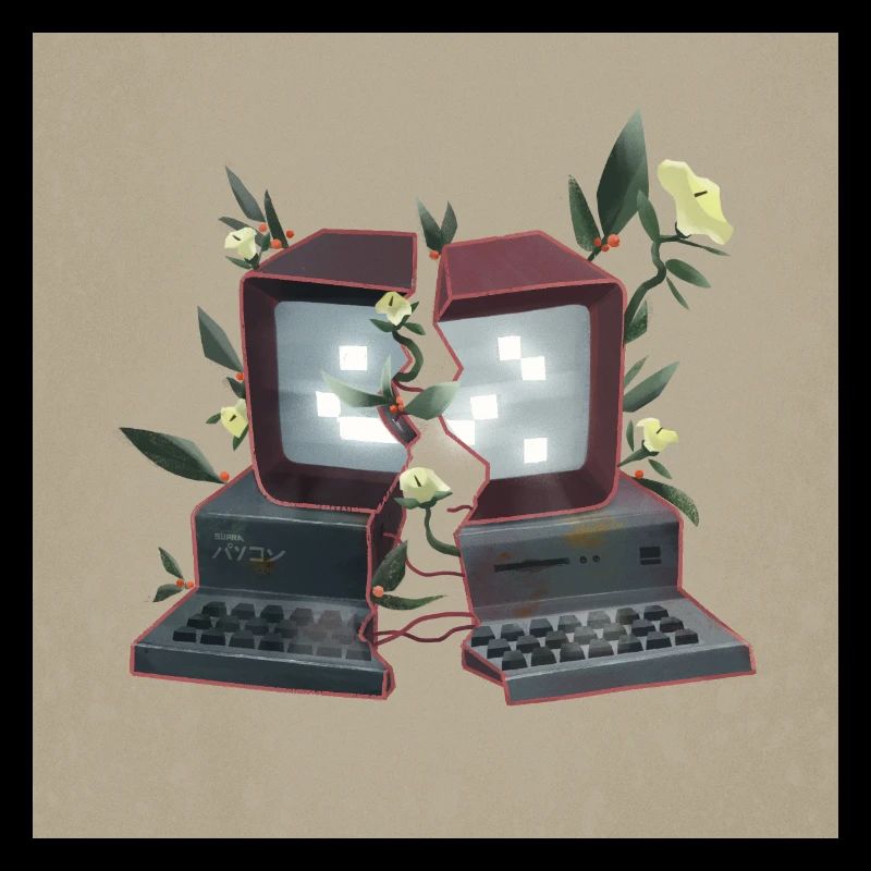 Computer with flowers - nature overwhelmed technique