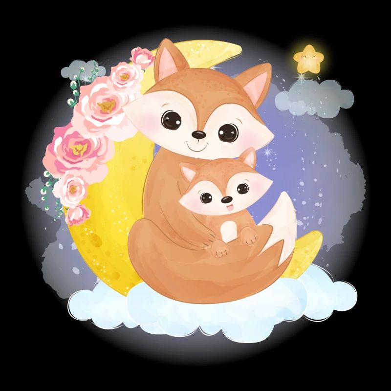 Cute fox family on a cloud with moon