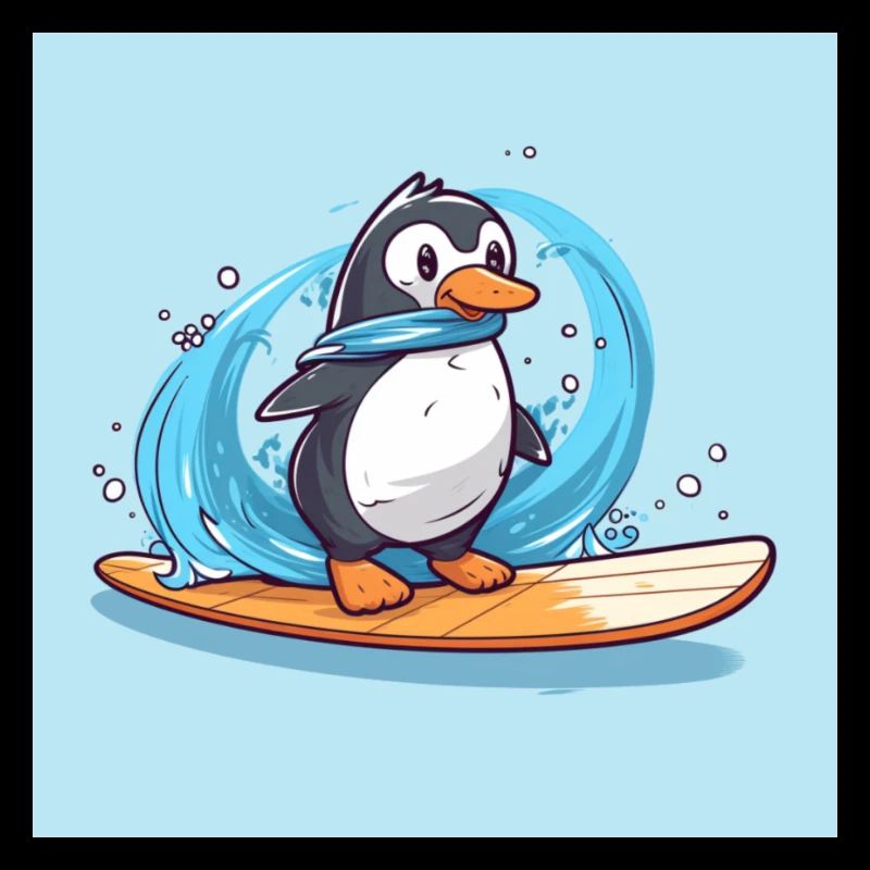 Pingouin de surf mignon sur une planche de surf