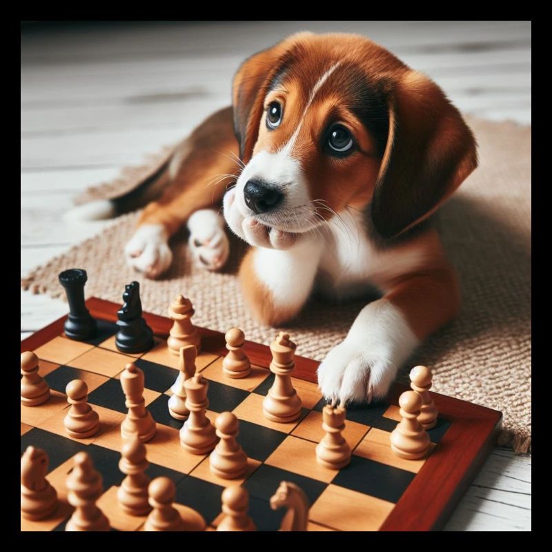 Welpe spielt Schach