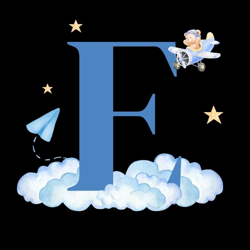 Letter e blue clouds airplane child