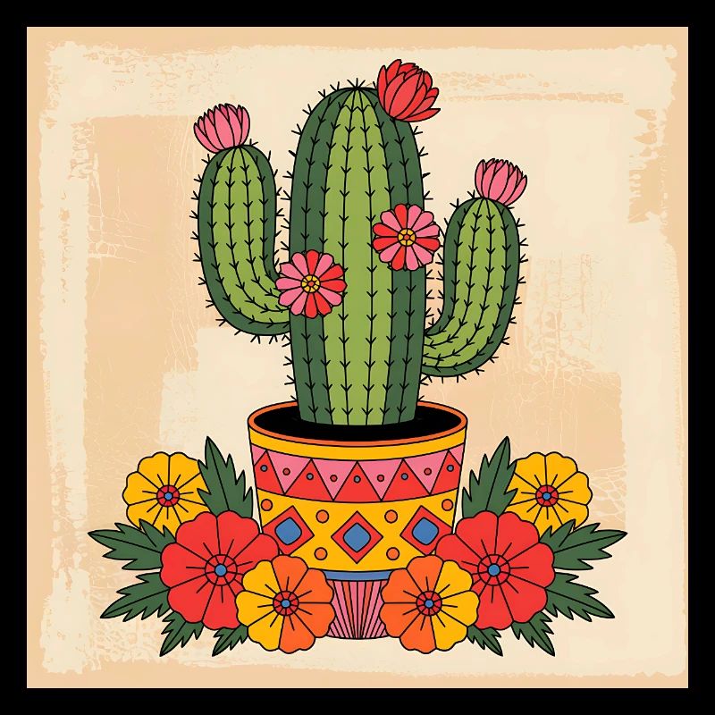 Cactus avec des fleurs Vintage Old School Tattoo
