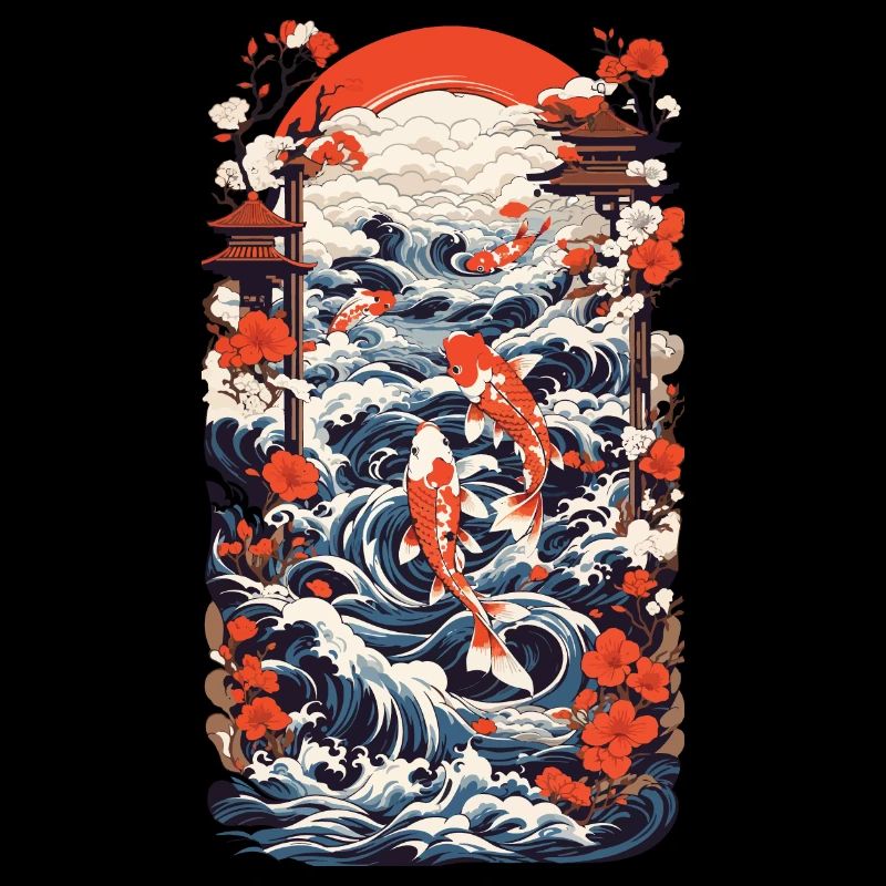 Japan Koi Retro Art Fish Design Ukiyo-E Style