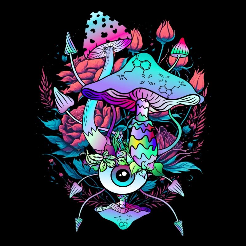 Art des champignons psychédéliques avec un œil et des fleurs