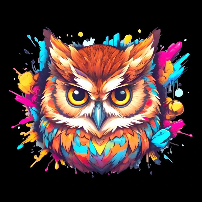 Farbenfrohe Eule aus einem Farbklecks, Comic-Art