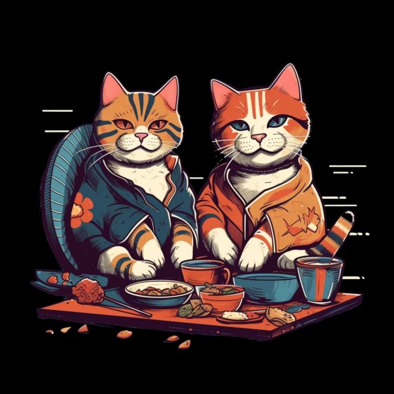 Les chats comiques mangent des sushis ensemble