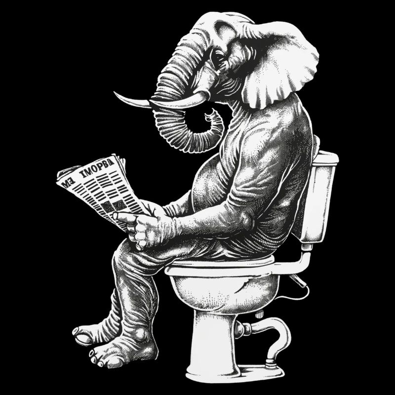 Funny elephant on toilet – artwork in black and white