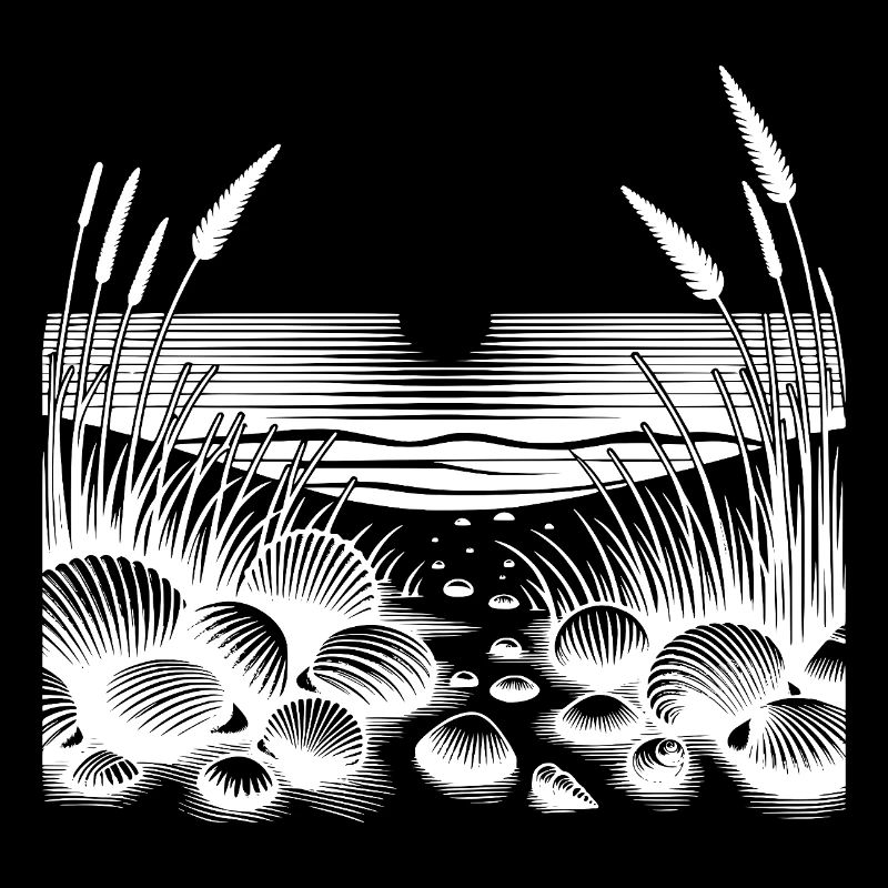 Sunset on the beach with tropical seashells