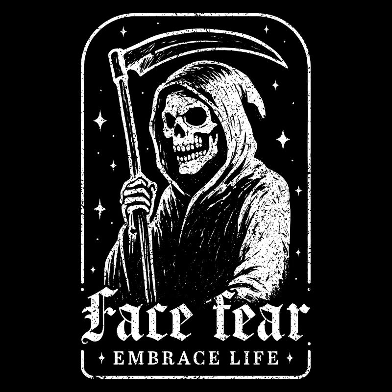 Stelle dich der Angst, umarme das Leben, Skelett, Sensenmann,