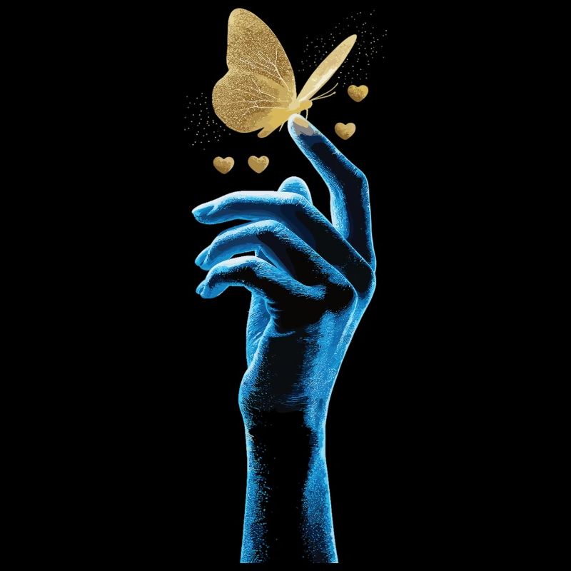 Golden butterfly on glowing hand