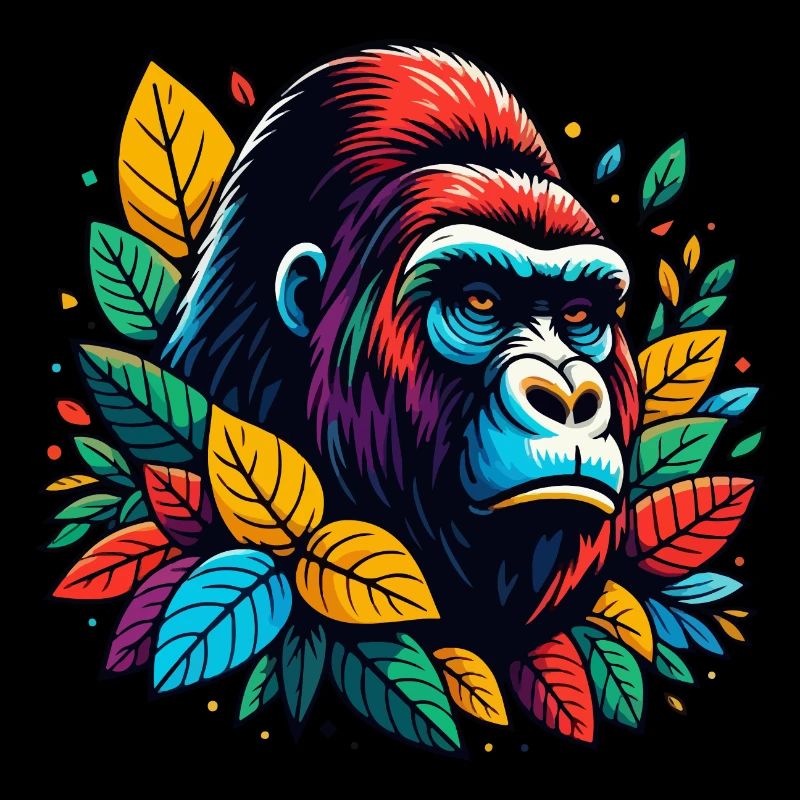 GORILLA AFFE TIER BUNT HERBST BLÄTTER ERNST WÜTEND