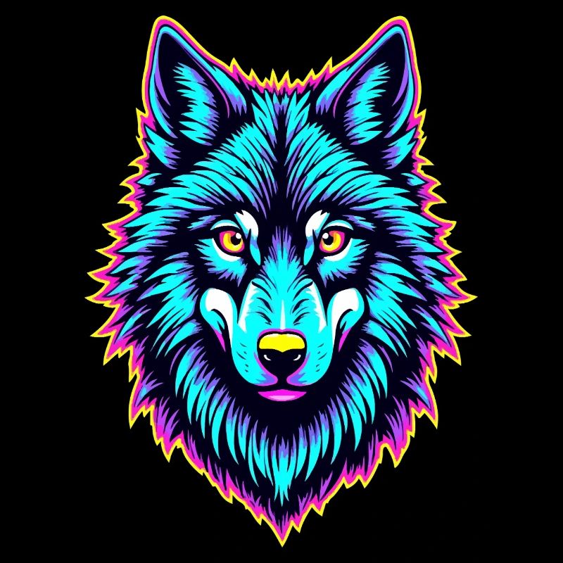 Neon Wolfskopf – Psychedelisch leuchtendes Tierdesign