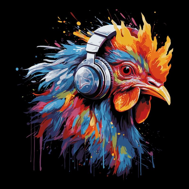 Hahn hört Musik mit Kopfhörern