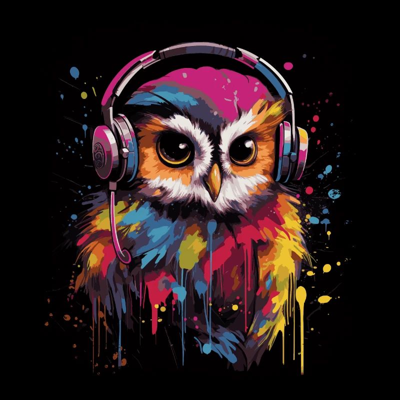 Lustige Eule hört Musik über Kopfhörer