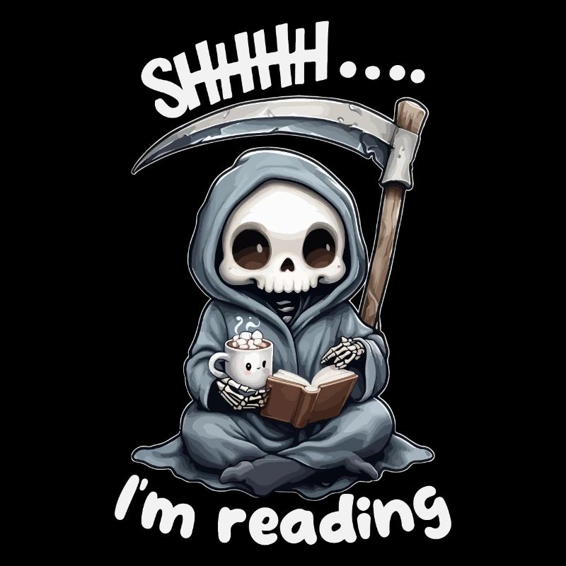 Sensenmann liest ein Buch mit Kaffee