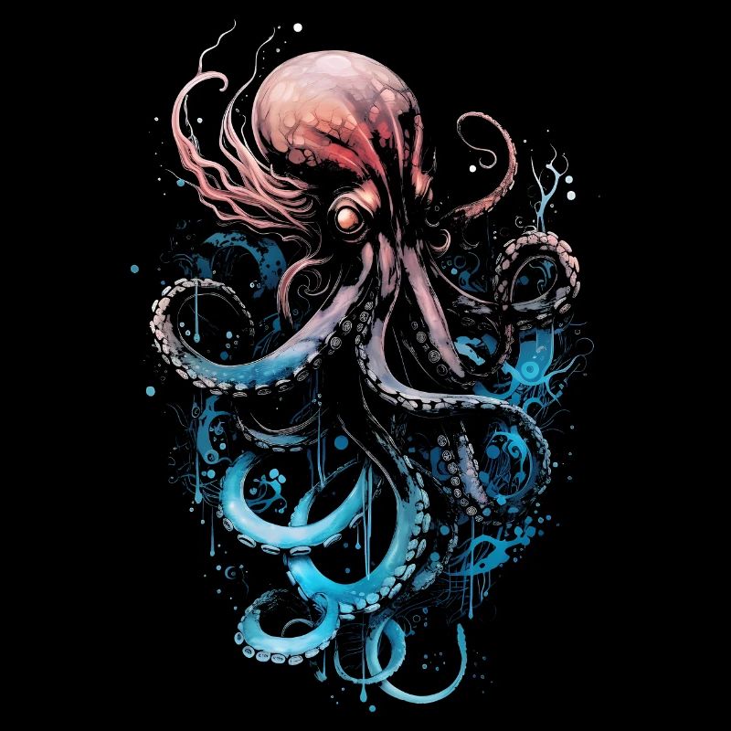 Pink blue octopus on a black background
