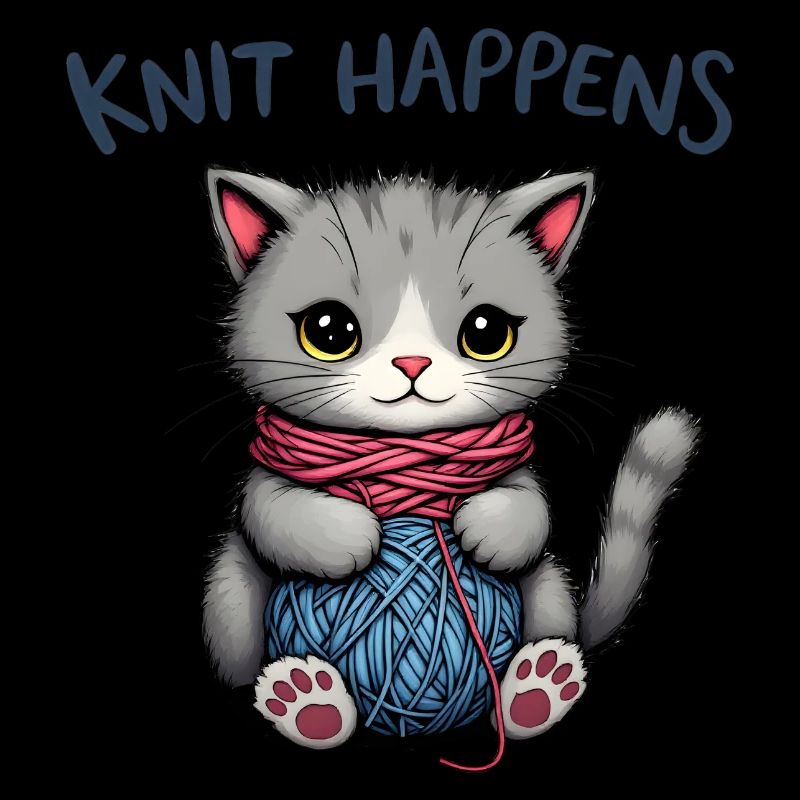 Knit Happens - Knitting Gray Cat with Yarn