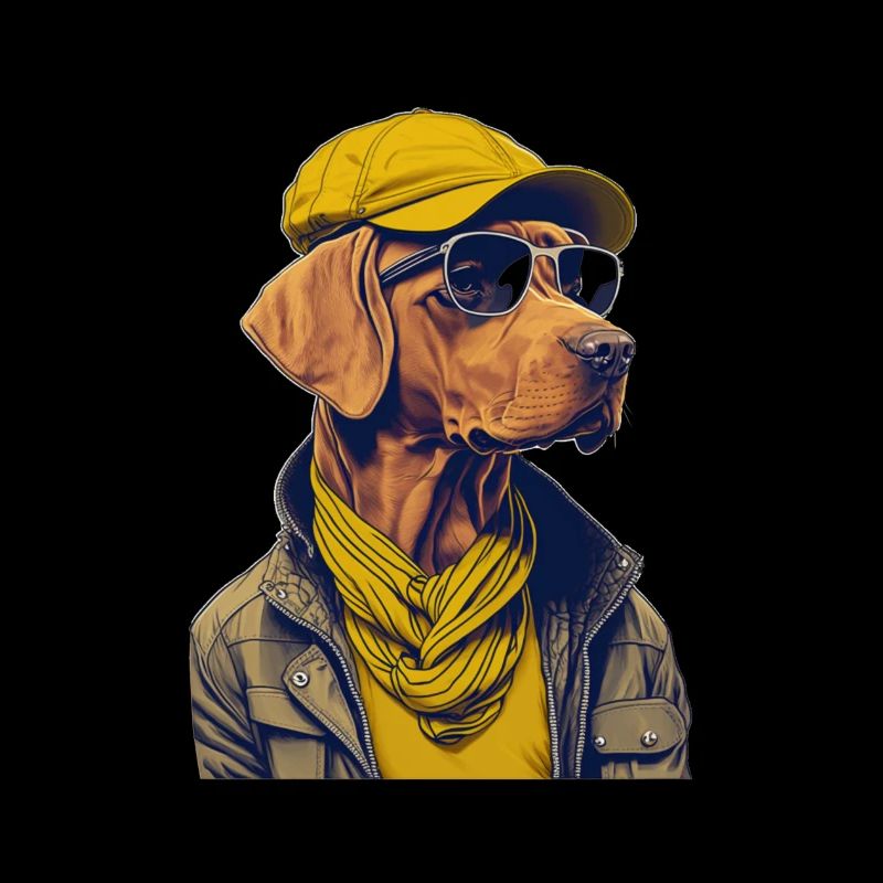 Cooler Magyar Vizsla mit Jacke und Mütze