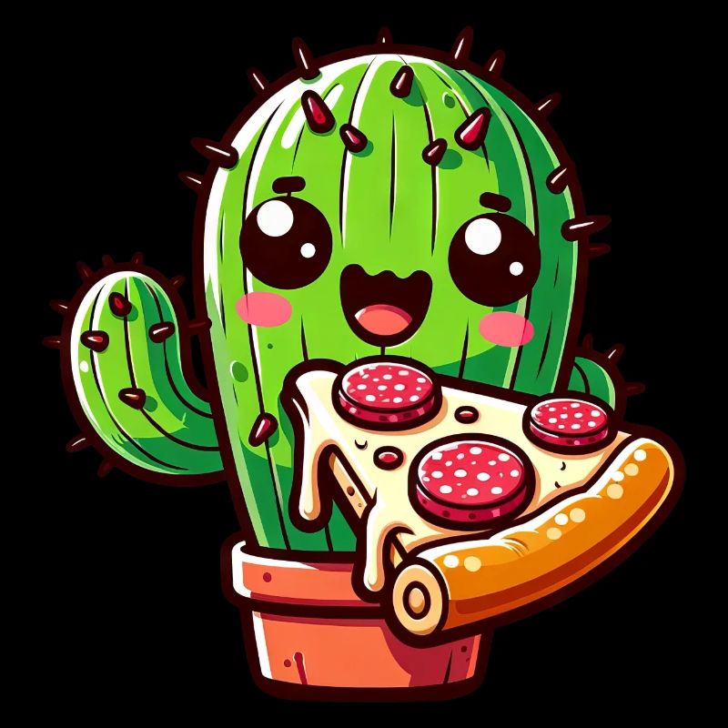 Kawaii cactus with pizza, comic style