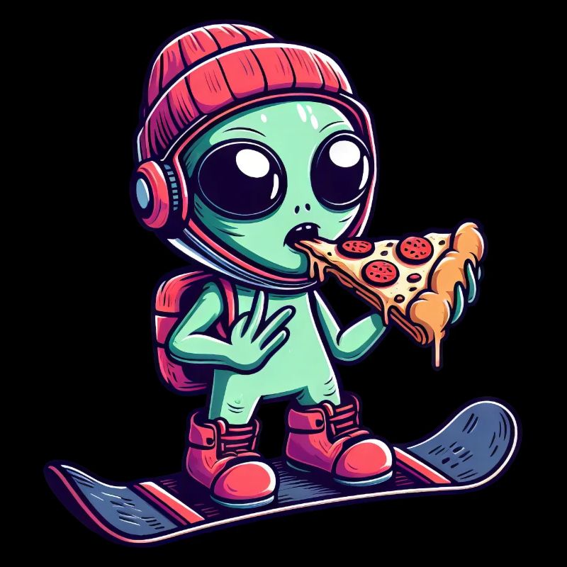Cool Alien Rides Snowboard And Eats Pizza