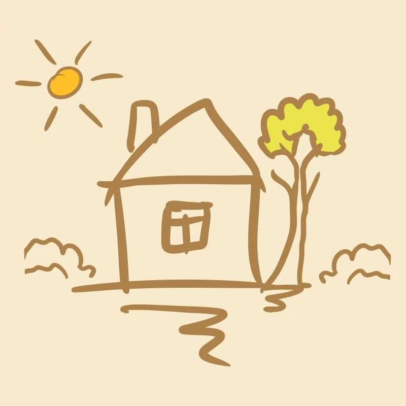 House with tree and sun. Drawing. Hand Drawn