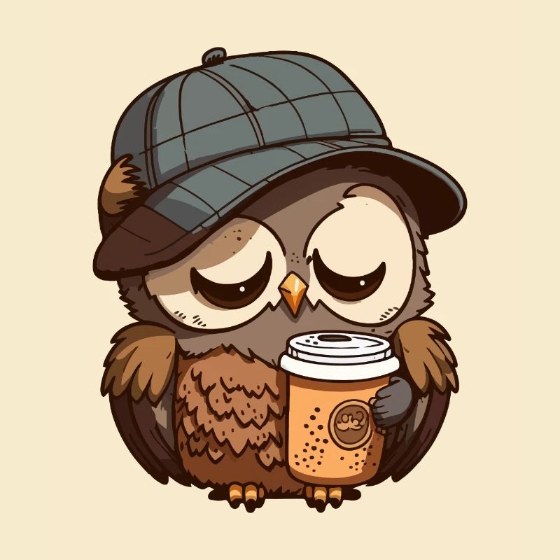 Müde Eule mit einem Kaffeebecher