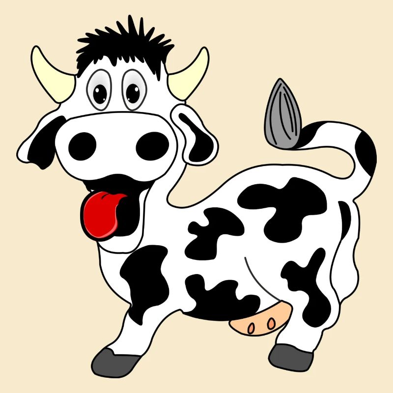 Vache noire et blanche joyeuse avec langue sortie de la bouche