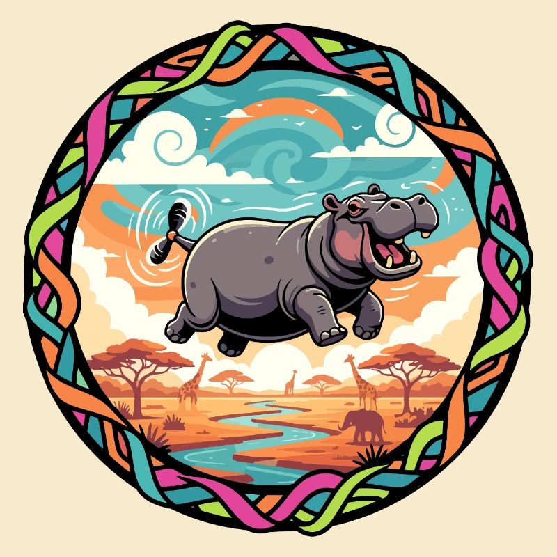 Witziger Hippo fliegendes Nilpferd bunt Savanne 