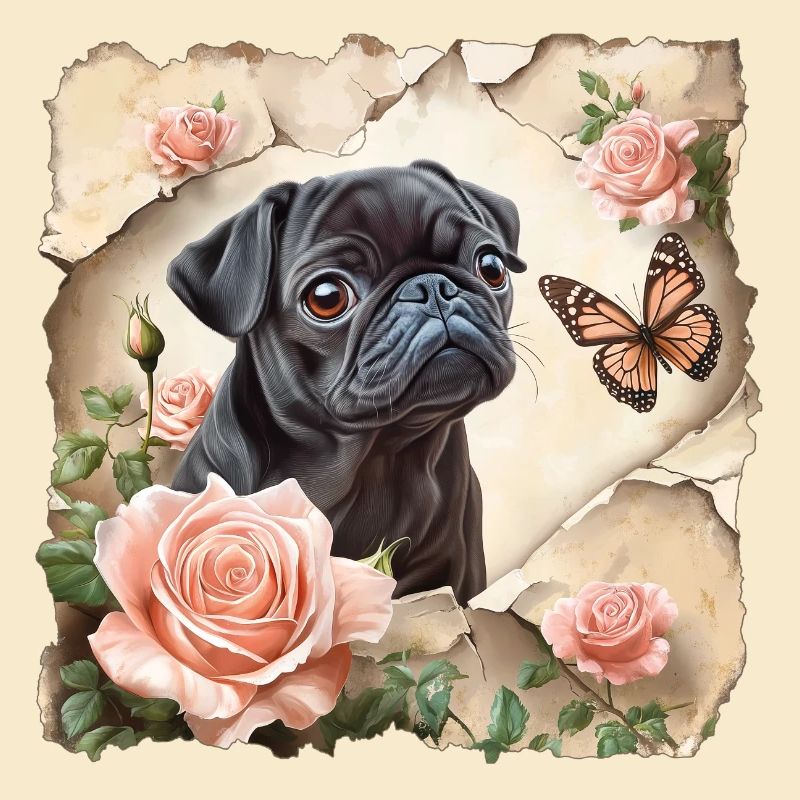 Schwarzer Mops mit Schmetterling