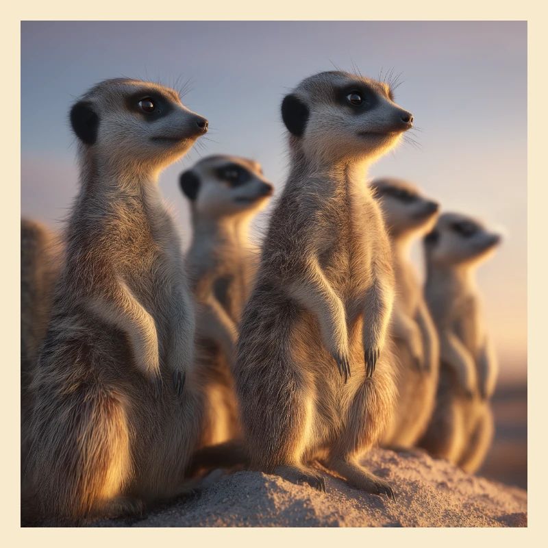 Wachsame Meerkatzen im Abendlicht Erdmännchen