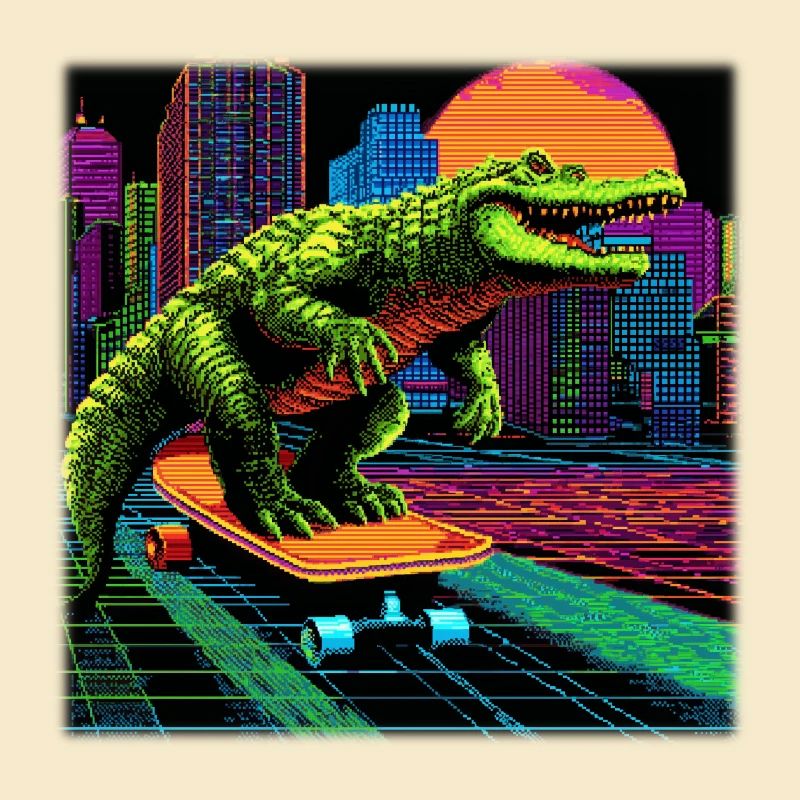 Pixel Art Crocodile – Synthwave rétro skater