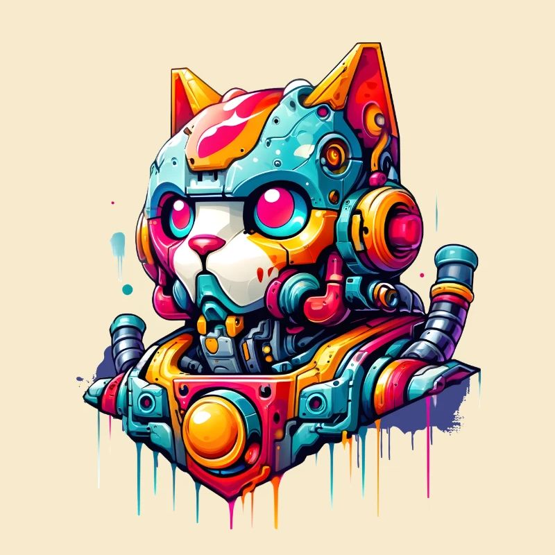 Chat conçu comme un robot dans le style graffiti de la bande dessinée