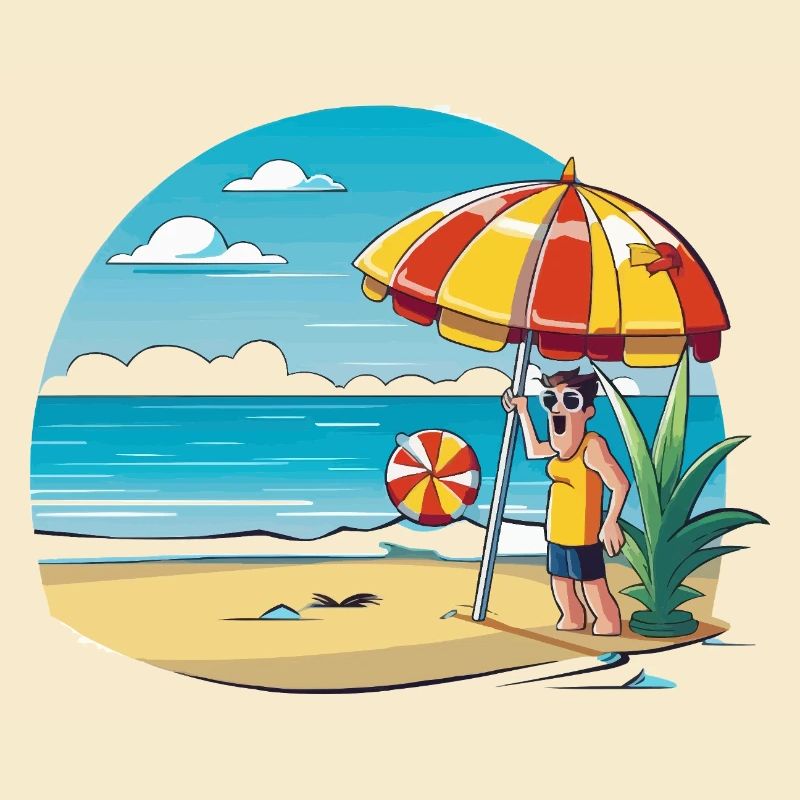 Dessin animé de vacances à la plage avec parapluie