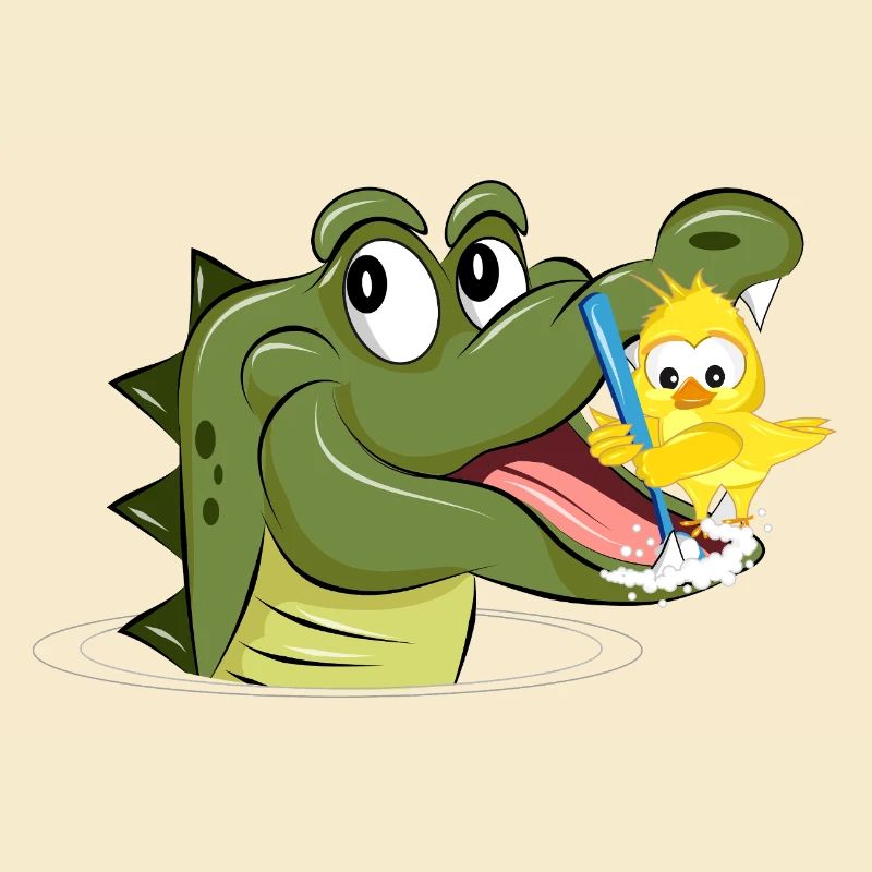 Crocodile and bird brushing their teeth – funny animals