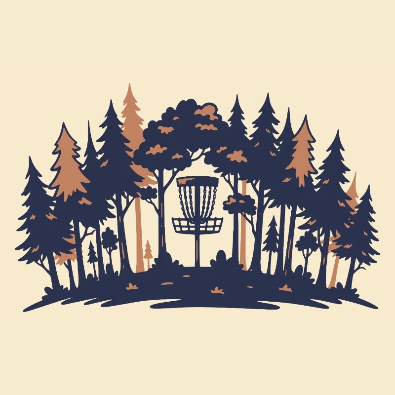 Disc-Golf-Szene Wald-Korb-Silhouette