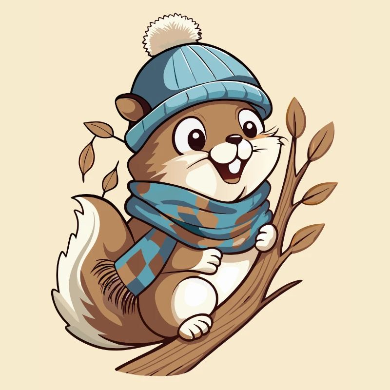 Écureuil mignon avec écharpe et chapeau à pompon.