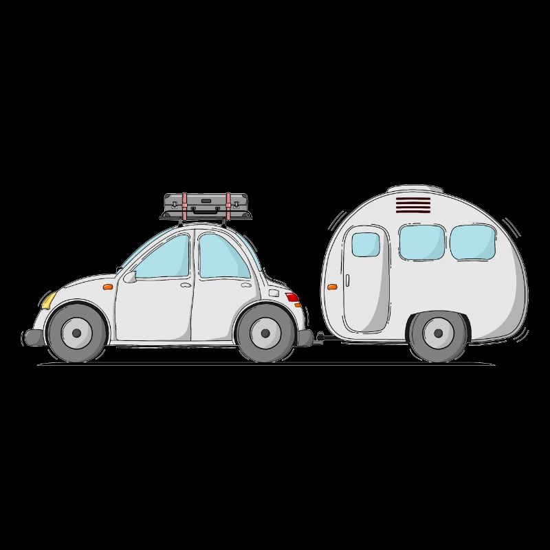 Auto mit Wohnwagen und Koffer in Grau