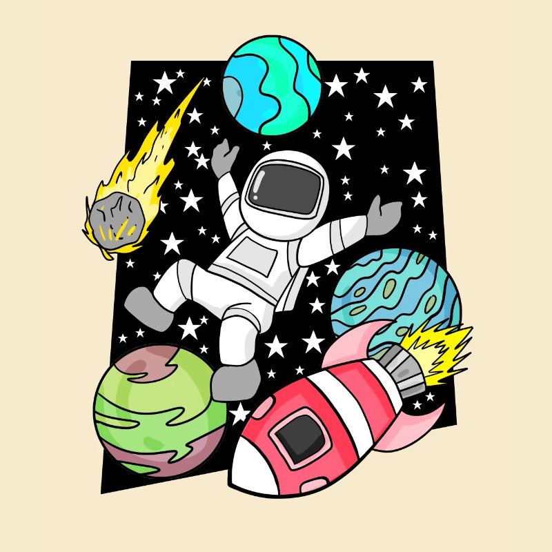 Astronaut boy in space with rockets