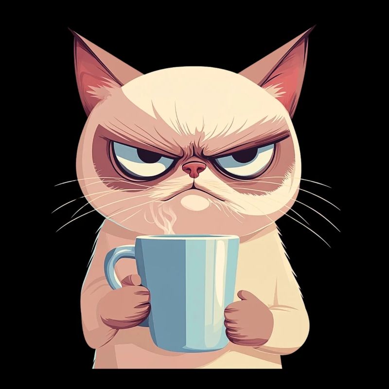 Grumpy-Stil: Grantige Katze mit Kaffee