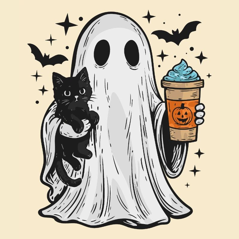 Halloween-Geist mit Katze und Kaffee