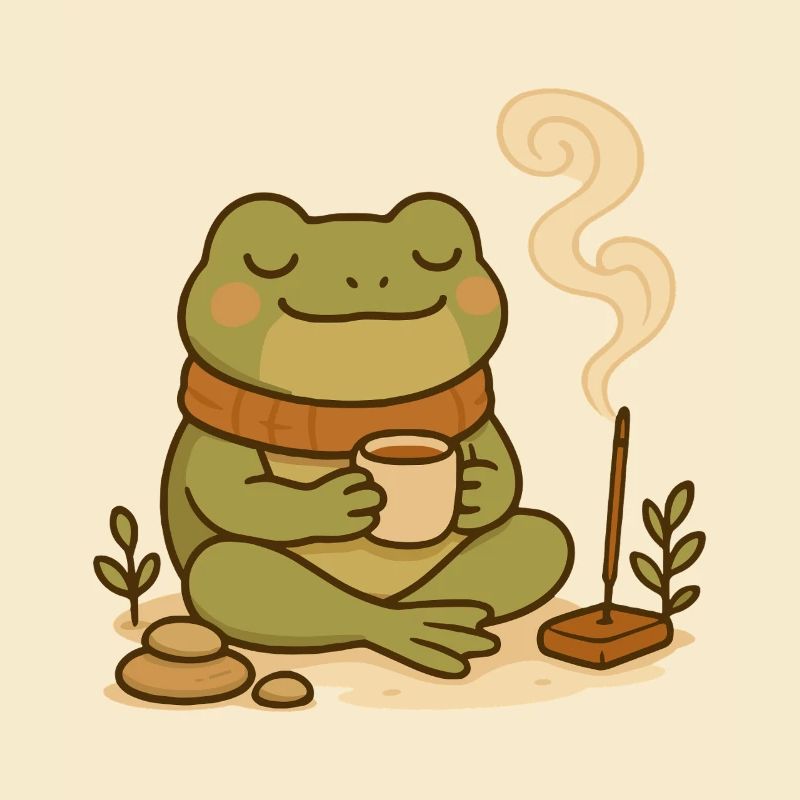 Achtsamer Frosch mit Tee & Räucherstäbchen