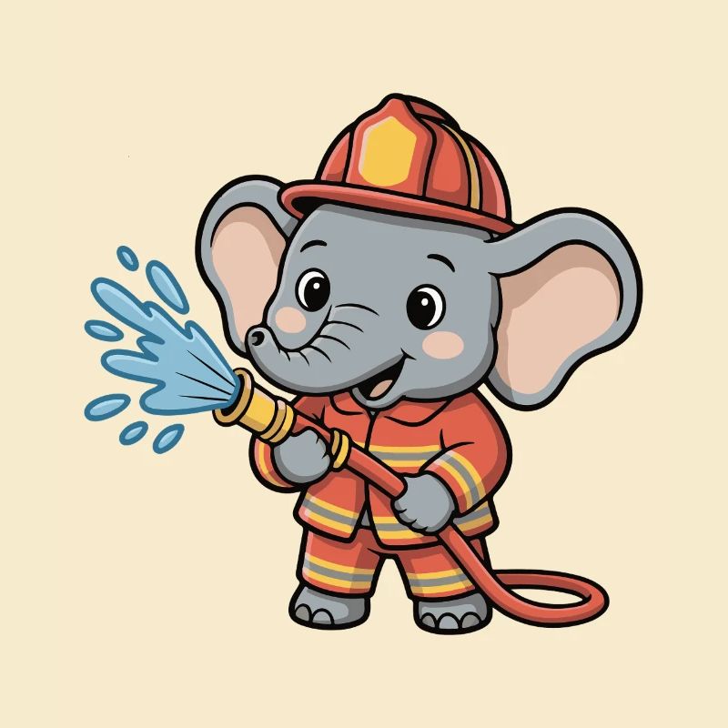 Héros pompier éléphant avec un tuyau d’exécution