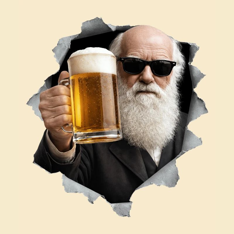 Charles Darwin hält ein Bier