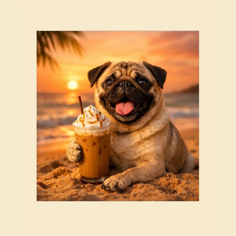 Lustiges Mops Summer Beach Kaffee Sonnenuntergangs-Meme