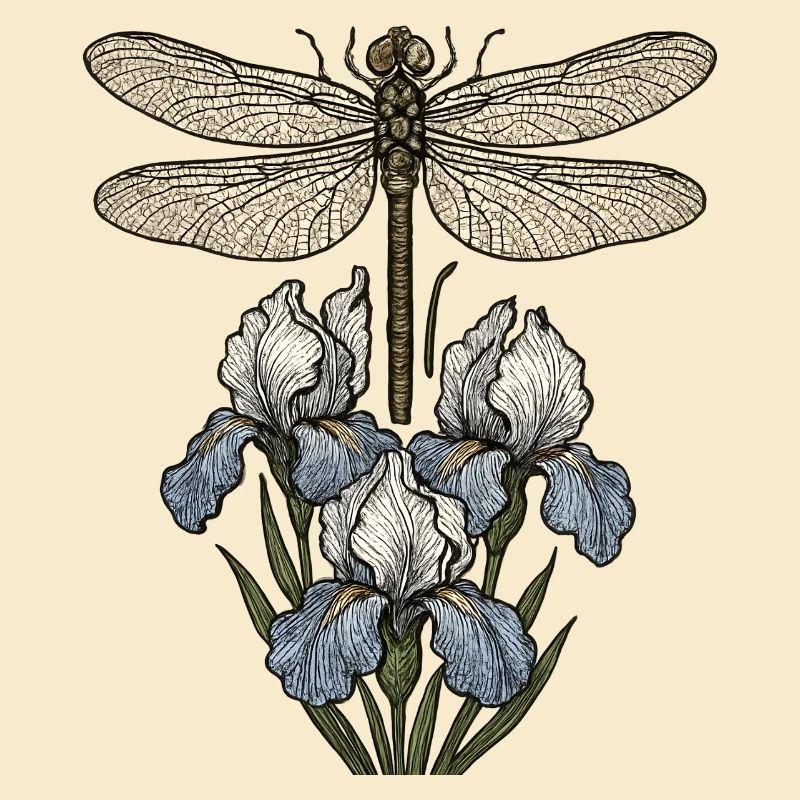 Libelle über Irisblüten