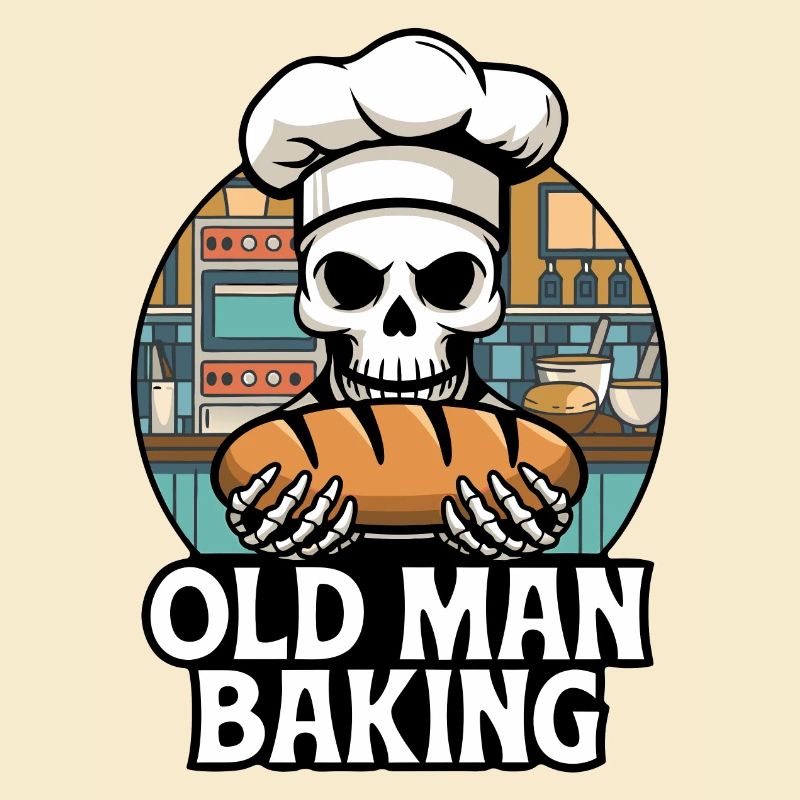 Old Man Baking Skull mit Bäckermütze mit Brot