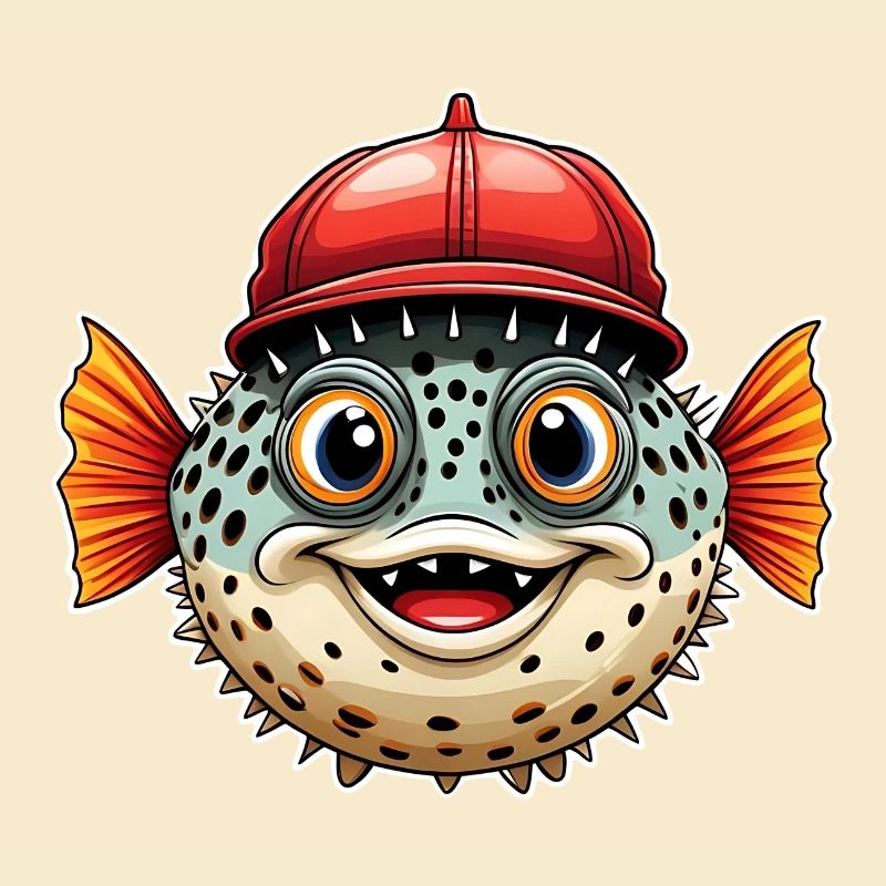 Lustiger Kugelfisch mit roter Basecap